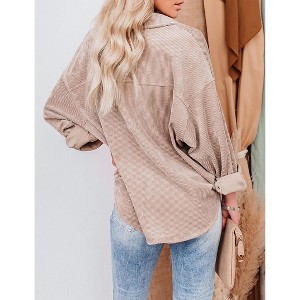 Womens Corduroy Shirt Long Sleeve Oversized Button Up V Neck Blouses Tops Loose Shacket Jacket - 1 of 4