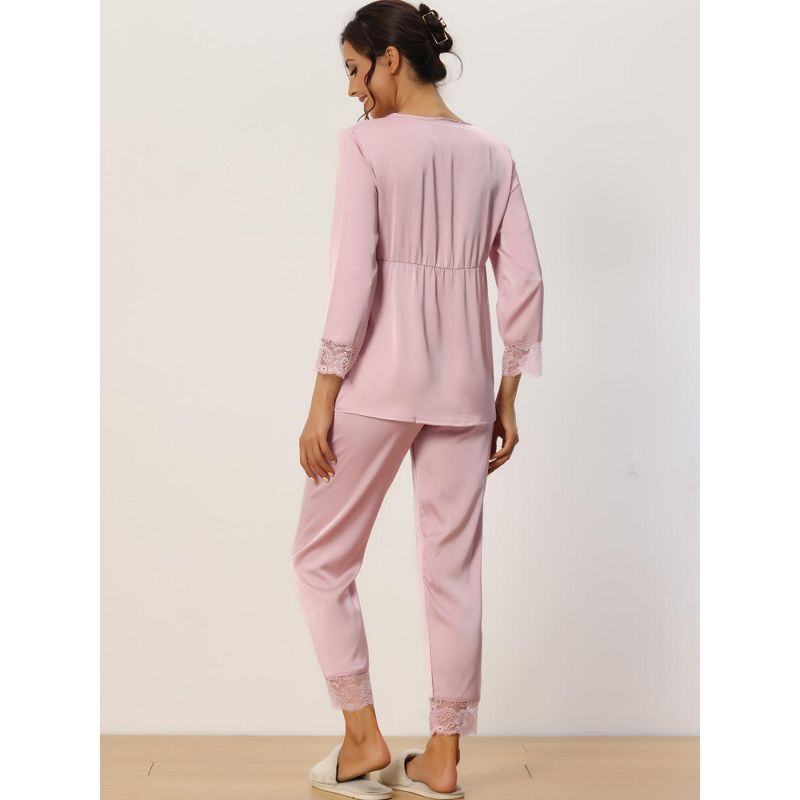 cheibear Womens Loungewear Silky Long Sleeve Top with Pants Pajamas Sets, 3 of 6