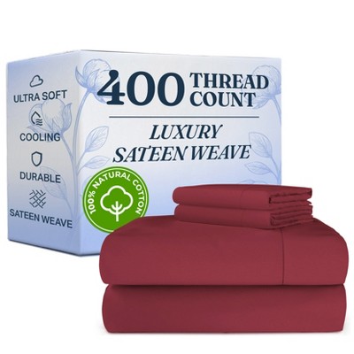 100% Cotton 400 Thread Count 4 Piece Sheet Set - Soft & Cozy Sateen Bed Sheets - CGK Linens