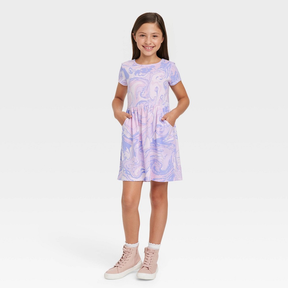 size M Girls' Printed Short Sleeve Dress - Cat & Jack Purple 