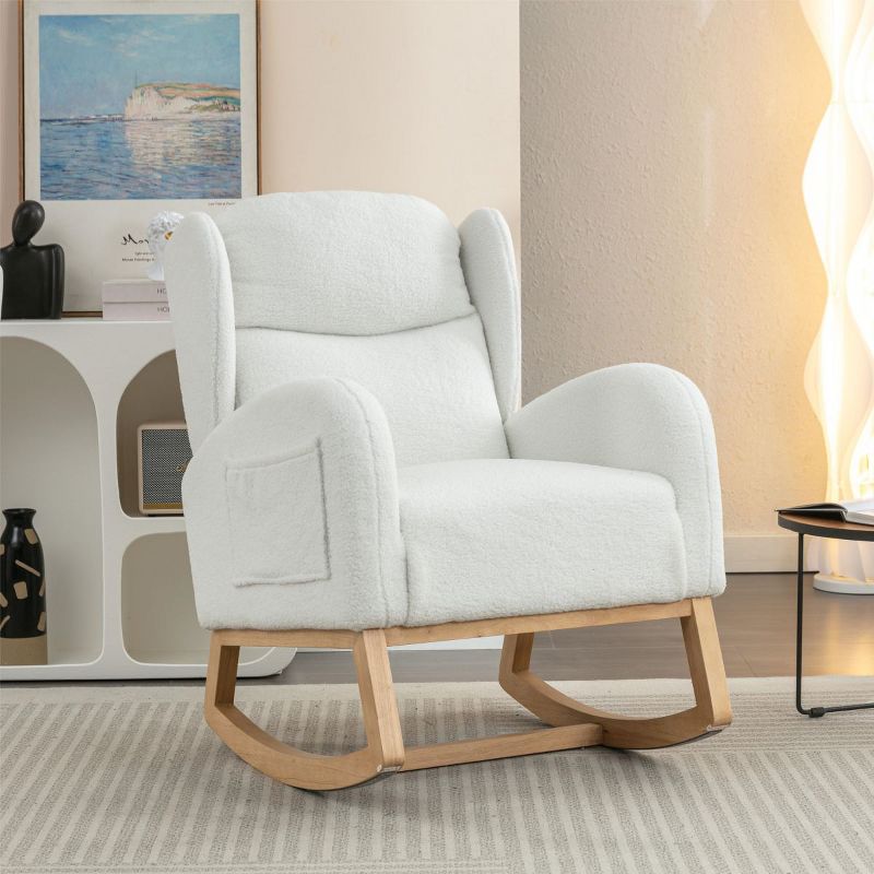 Christie Teddy Fabric Rocking Chair With with Two Side Pockets,Nursery Chair With Solid Wood for Living and Bedroom-Maison Boucle, 1 of 11