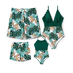 PATPAT Family Matching Mommy and Me Swimsuit One Piece Leaves Printed V Neck Swimwear Set Swim Trunks Shorts - 1 of 4