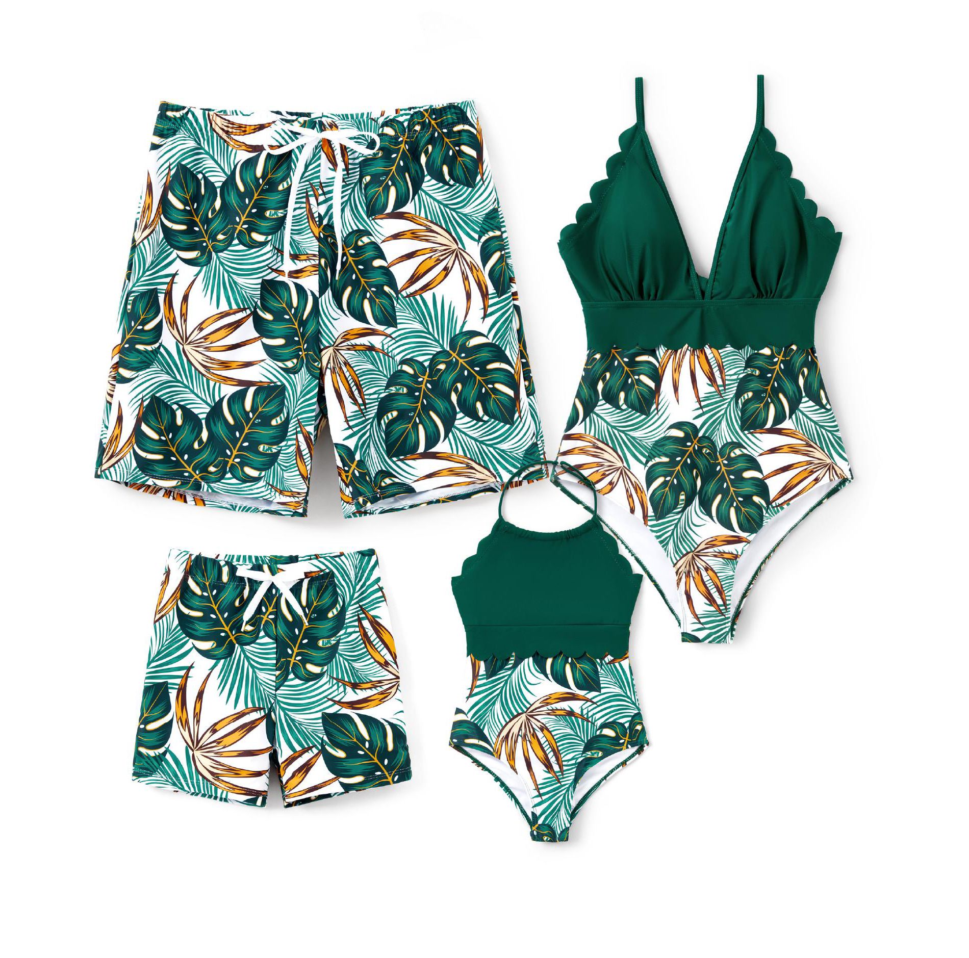 PATPAT Family Matching Mommy and Me Swimsuit One Piece Leaves Printed V Neck Swimwear Set Swim Trunks Shorts