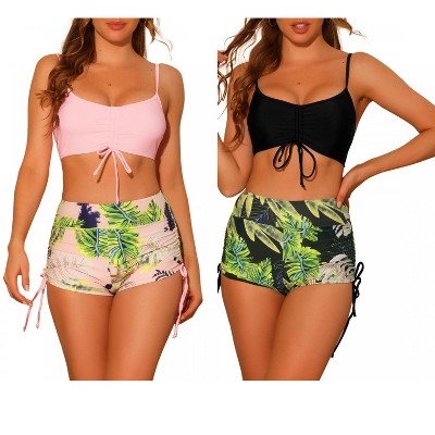 INSPIRE CHIC Women's Drawstring Push-Up Top Tropical Print High Waist Shorts Swimwear Bathing Suits 2 Sets