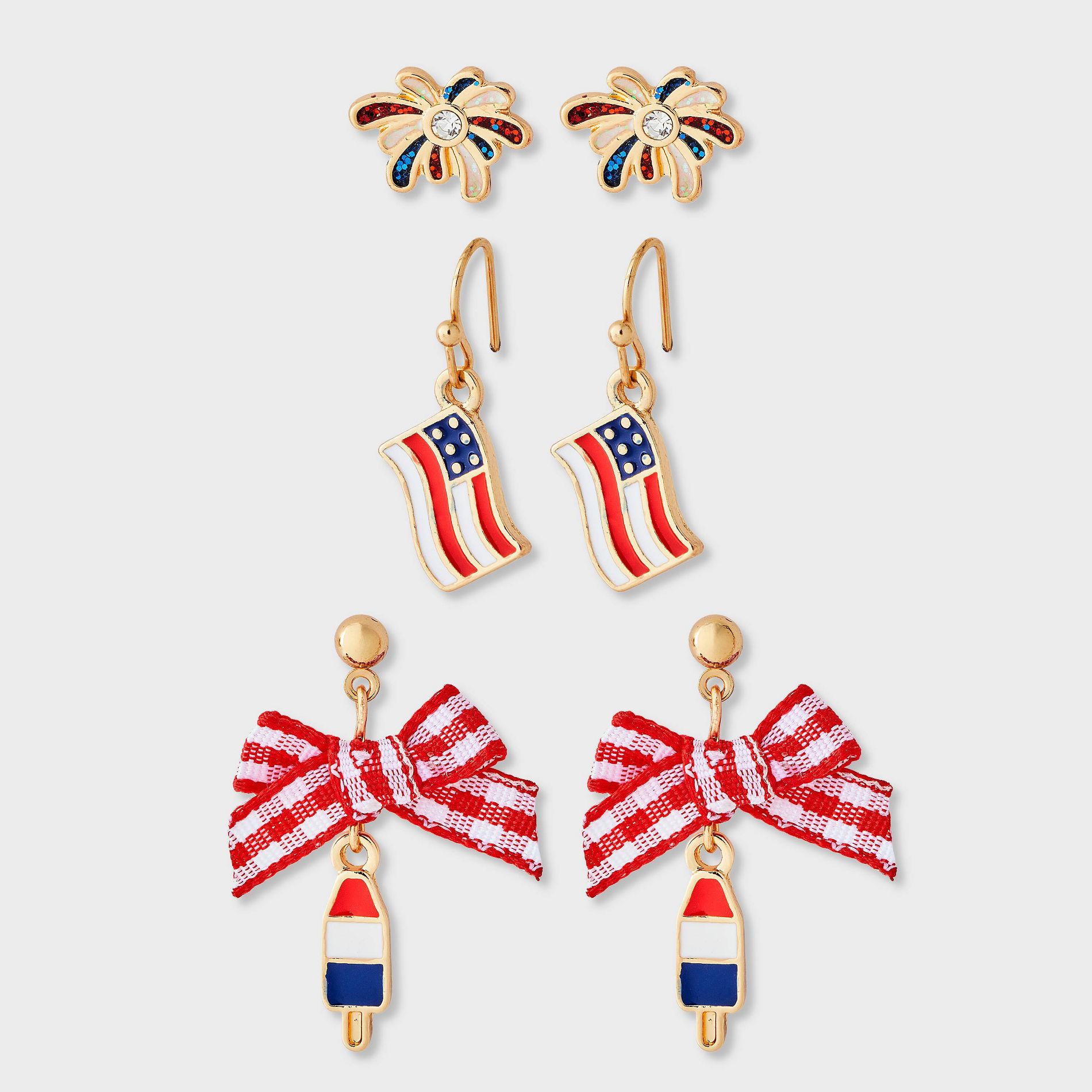 Americana Flag and Fireworks Mixed Hoop Earring 3pc Set - Gold/Multi
