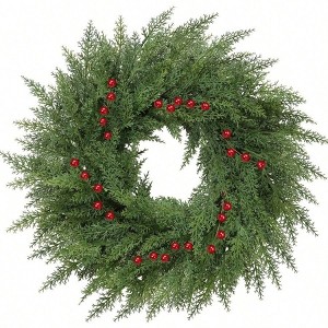 Wreaths Front Door with Red Berries Decorations 24 Inch Real Faux Cedar Wreath Large Winter Green Wreaths Outdoor Indoor - 1 of 4