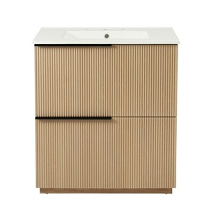 Vynxaria 30 Inch Natural Fluted Bathroom Vanity with Ceramic Sink One Complete Unit Solid Wood Cabinet Two Full Extension Soft Close Drawers 15 Inch - 1 of 4