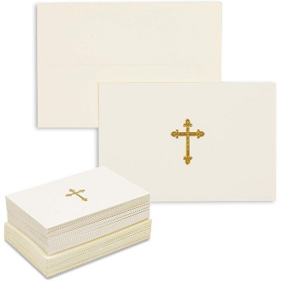 48-Pack Gold Foil Embossed Cross Blank Greeting Card Set with Envelopes, Ideal for Religious Celebrations, Baptisms, (Cream 4x6)