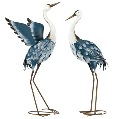 Blue and White Metal Heron Garden Statues Set of 2