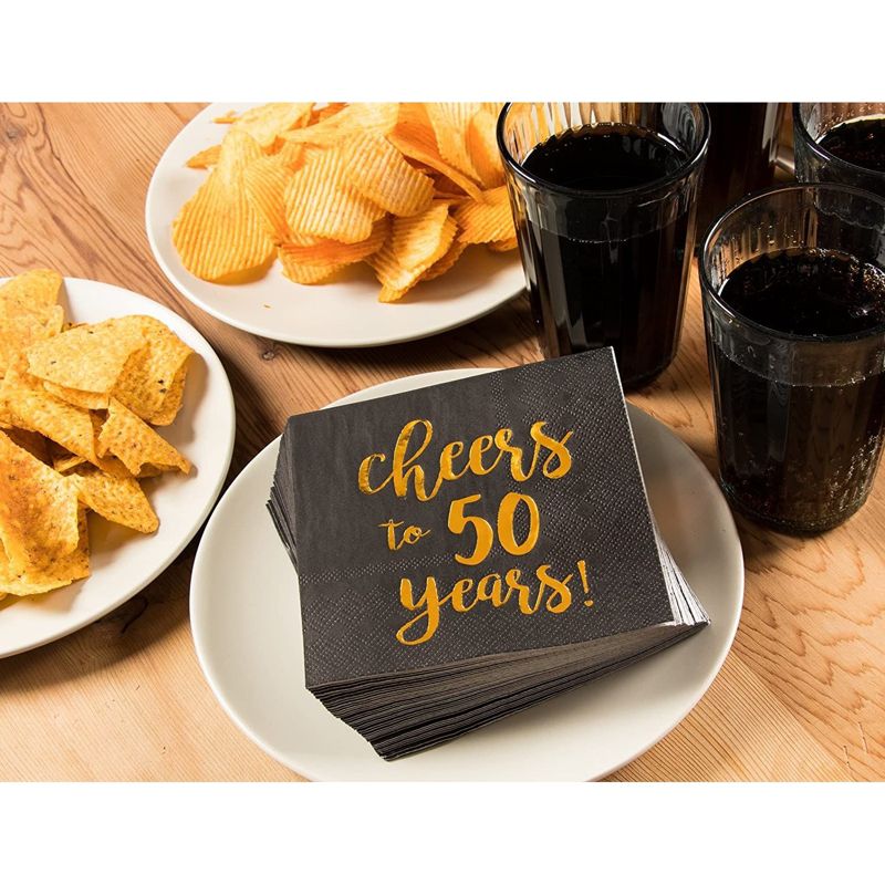 Blue Panda 50 Pack Cheers to 50 Years Cocktail Napkins for 50th Birthday, Anniversary Party Supplies, 3-Ply, Black and Gold Foil, 5 x 5 In, 4 of 10