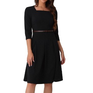 INSPIRE CHIC Women's Work Elegant Square Neck 3/4 Sleeve Belted Pleated a Line Church Midi Dress - 1 of 4