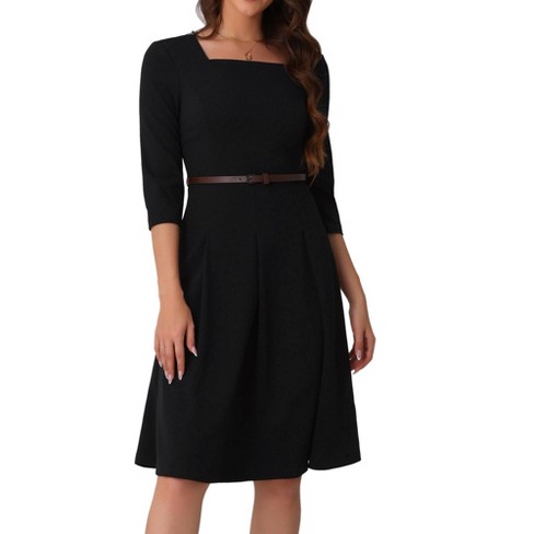 INSPIRE CHIC Women's Work Elegant Square Neck 3/4 Sleeve Belted Pleated a Line Church Midi Dress - image 1 of 4