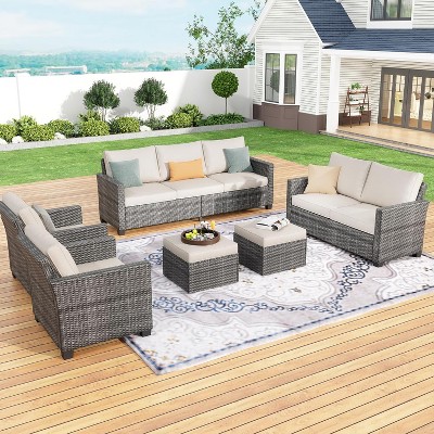 6 Pieces Wicker Patio Furniture Set, Weather-Resistant Rattan Sectional with Thick Cushions, Outdoor Storage & Coffee Table for Balcony, Porch, Garden