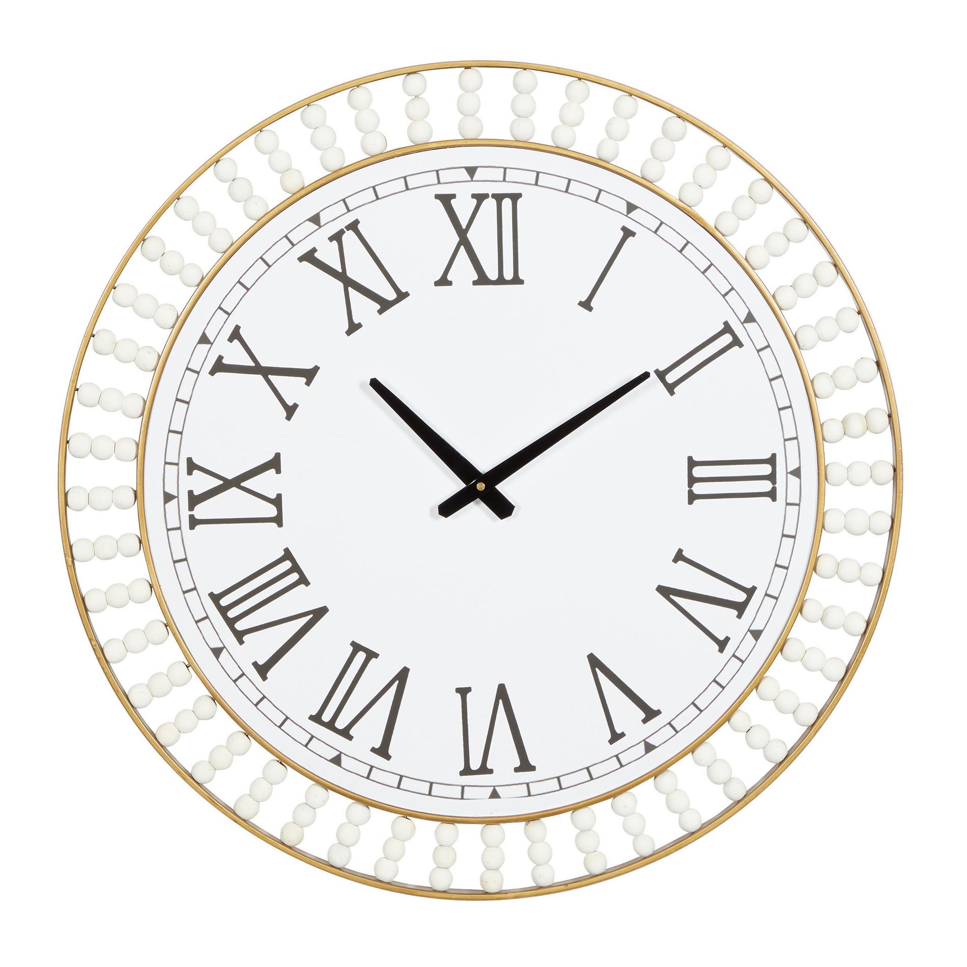 Wood Beaded Decorative Wall Clock with Gold Metal Frame and Black Accents - White – Olivia & May