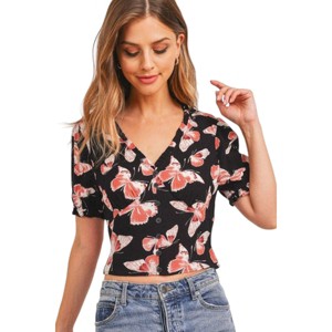 Slickblue Women's Butterfly Print, Smocked Back Waist, Crop Top, V-Neck Style, Chili Pepper, S - 1 of 4