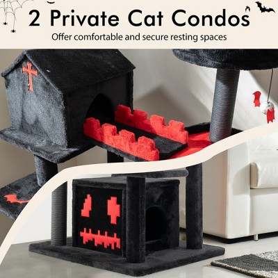 Gothic Black and Red Plush Cat Tree Tower with Coffin Bed
