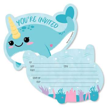 Big Dot of Happiness Narwhal Girl - Shaped Fill-in Invites - Under The Sea Baby Shower or Birthday Party Invitation Cards with Envelopes - Set of 12