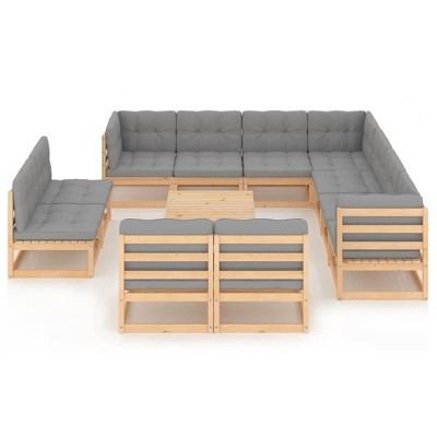 vidaXL Outdoor Patio Lounge Set - 12 Piece Solid Pinewood Furniture with Comfortable Cushions - Ideal for Patio, Backyard, and Poolside - Gray