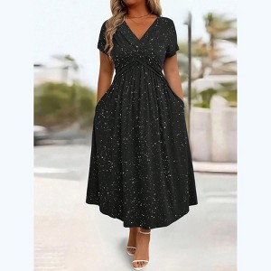 plus size casual summer midi dresses Plus Size Women's Casual Midi Dress Round Neck Short Sleeves Pockets Flowy  A-Line Summer Dresses