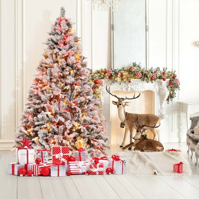 7ft Green and White Pre-Lit Snow Flocked Christmas Tree with Multicolor LED Lights