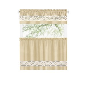 Kate Aurora Pacifico Complete 3 Piece Rod Pocket Embroidered Tier & Valance Kitchen Curtain Set - 1 of 3