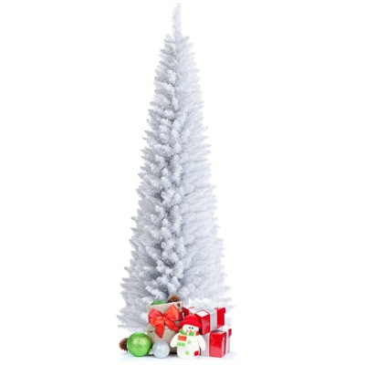 Tangkula Life-Like Slender White Christmas Tree Artificial Pencil Unlit Xmas Tree W/ Folding Metal Stand & PVC