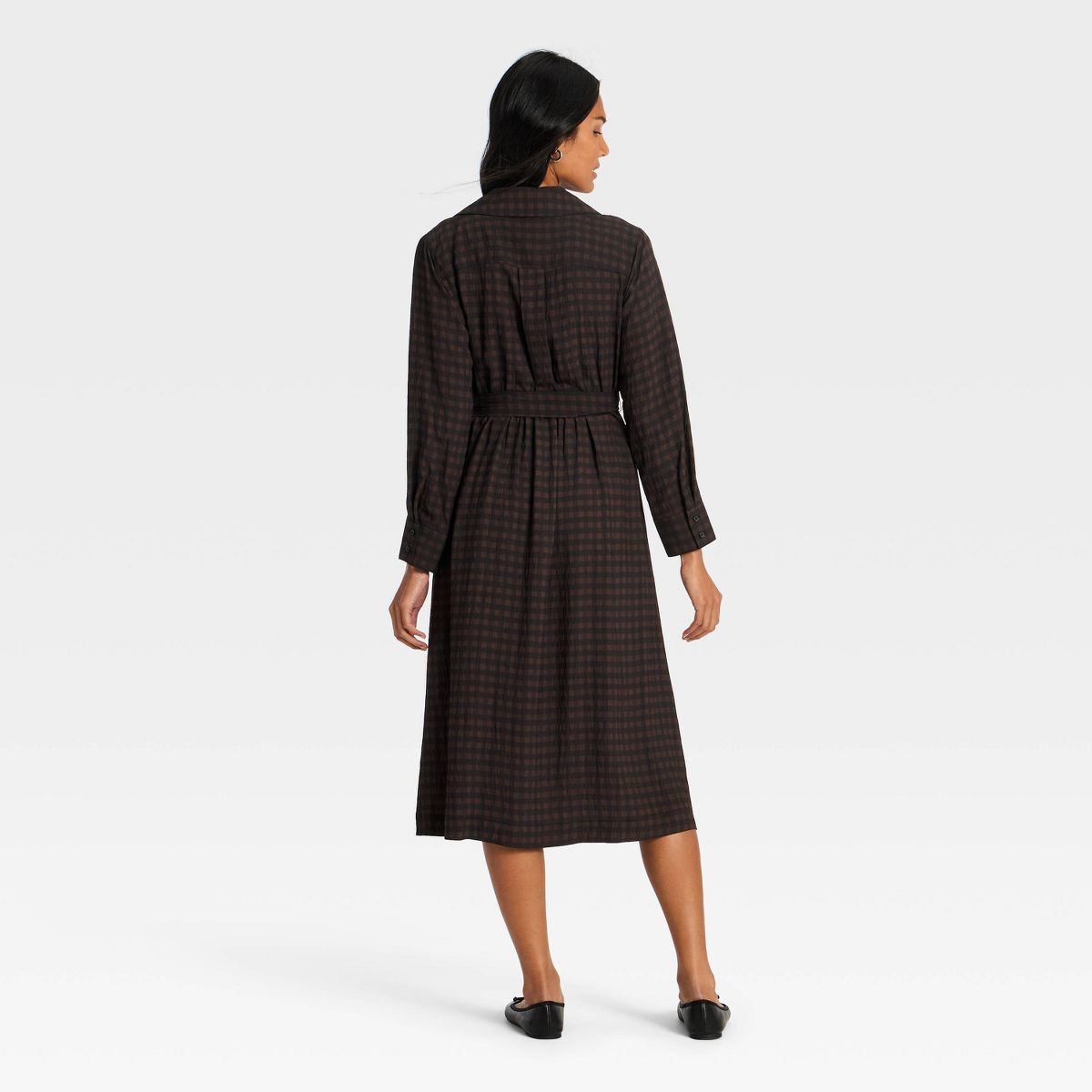 Women's Long Sleeve Tie-Waist Midi Dress - A New Day™ Brown Gingham - thumbnail 2