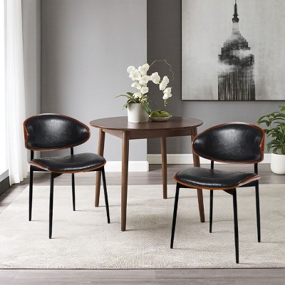 Modern Bentwood Dining Chairs Set of 2,Black PU Leather Upholstered Chairs with Matte Metal Legs,Armless Kitchen Dining Chairs-Coolbibila