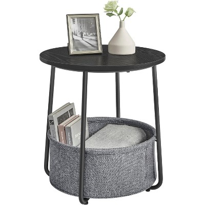 Small Round Side End Table, Modern Nightstand with Fabric Basket