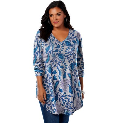 Roaman's Women's Plus Size V-neck Thermal Tunic - 18/20, Heather Folk ...