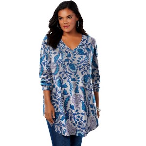 Roaman's Women's Plus Size V Neck Thermal Swing Tunic - 1 of 4