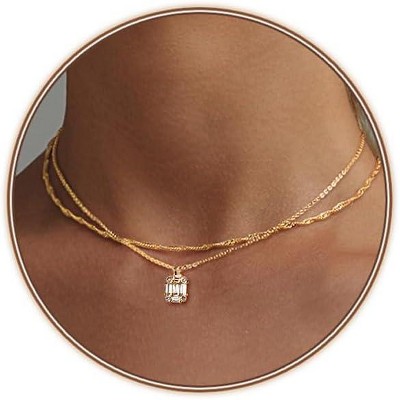 HTUTWOO Diamond Necklaces, Dainty Gold Necklace 18k Gold Plated ,Layered Necklaces Simple Gold CZ Diamond Pendant Necklaces Gifts for Girls