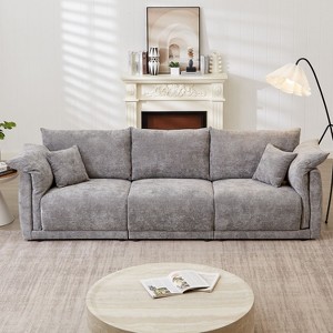 98.5" 3-seater sofa with unique design and soft arm pillows Contemporary style linen sofa with 3 comfortable cushions with 2 pillows - 1 of 4