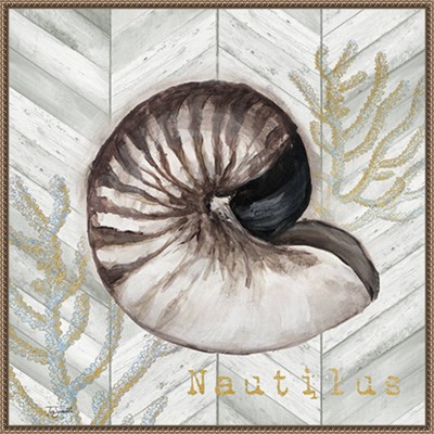 Gray Gold Chevron Nautilus Shell Canvas Wall Art with Bronze Frame