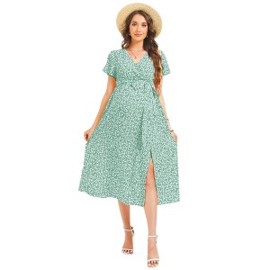 Women Casual Wrap V Neck Short Flared Belted Ruffle Hem Mini Dress Flowy Boho Long Dresses - 1 of 1