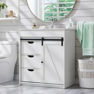SinCiDo 30" Farmhouse Bathroom Storage Cabinet, Bathroom Dressing Table with Sink, Sliding Barn Door, 3 Drawers and Adjustable Shelves - 1 of 4