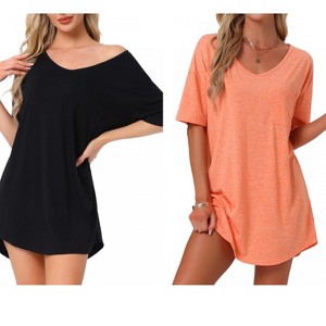 INSPIRE CHIC Women's 2 Pcs Soft V-Neck Curved-Hem Cozy Oversized Nightshirt with Chest Pocket - 1 of 4
