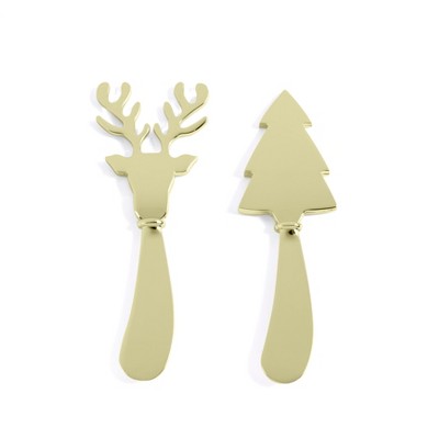 Set of Two Reindeer And Tree Butter Knives - Gold - Shiraleah