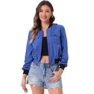 INSPIRE CHIC Women's Stand Collar Zip Up Flap Pocket Bomber Jacket - 1 of 4