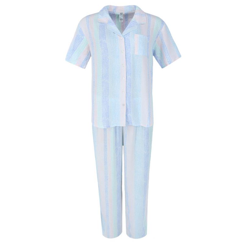 PJ Couture Women's Multi Stripe Notch Short Sleeve Pajama Set, 1 of 4