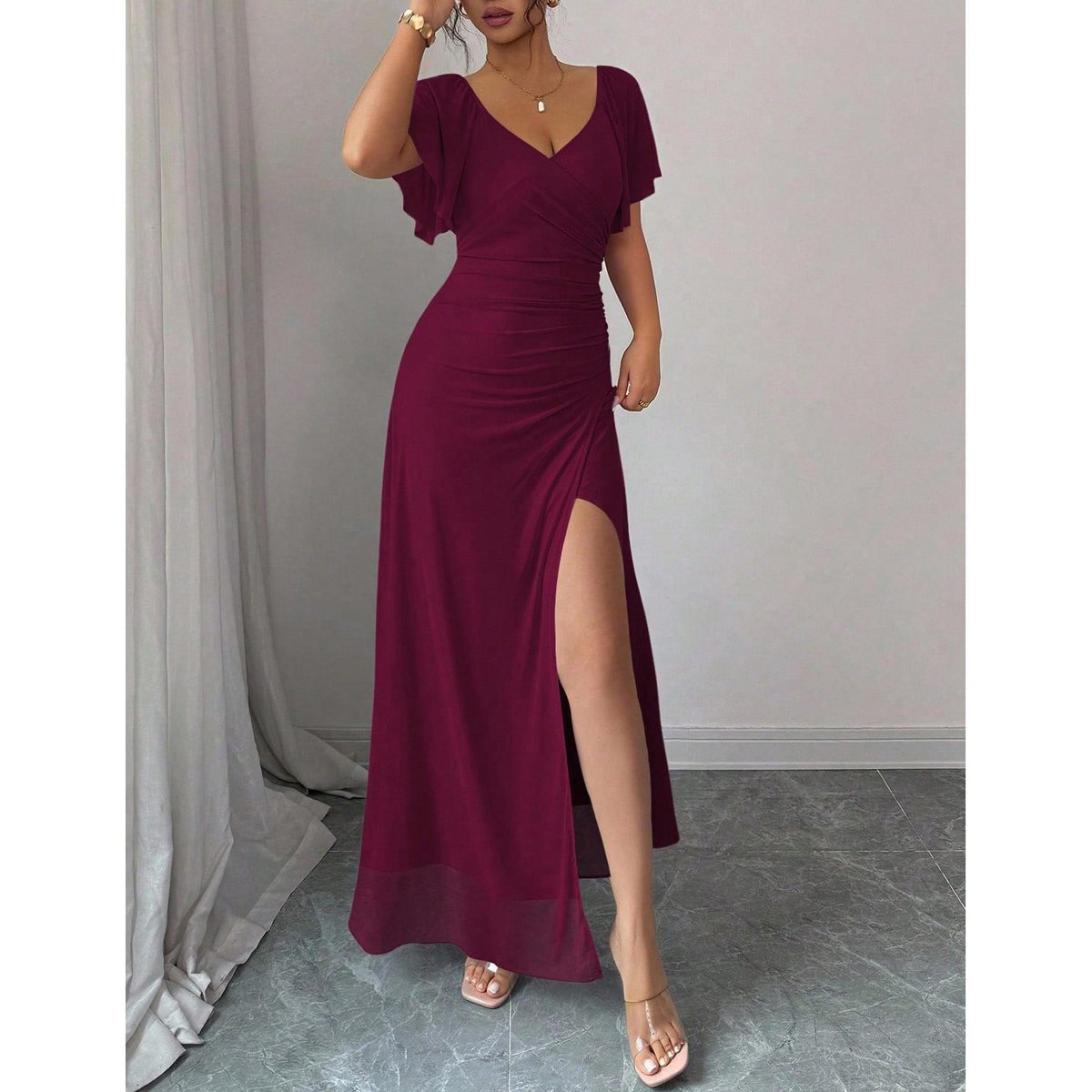 Женские платья YesFashion Women’s Maxi Dress Deep V Neck Bodycon Casual Summer Party Long Dresses,M,Wine Red — фото 3
