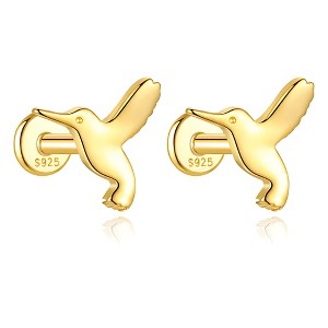 Hummingbird Flat Back Earrings for Cartilage Helix Tragus Lobe 14 kt Gold Plated Sterling Silver Pair by Ginger Lyne - 1 of 4