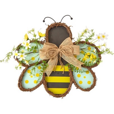 The Lakeside Collection Handcrafted Rattan Bee or Ladybug Wall Decor with Vibrant Yellow Flowers