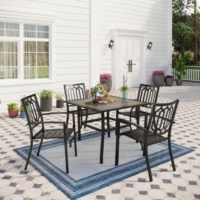 Captiva Designs 5pc Patio Wood-look Square Dining Table with Umbrella Hole & Metal Arm Chairs