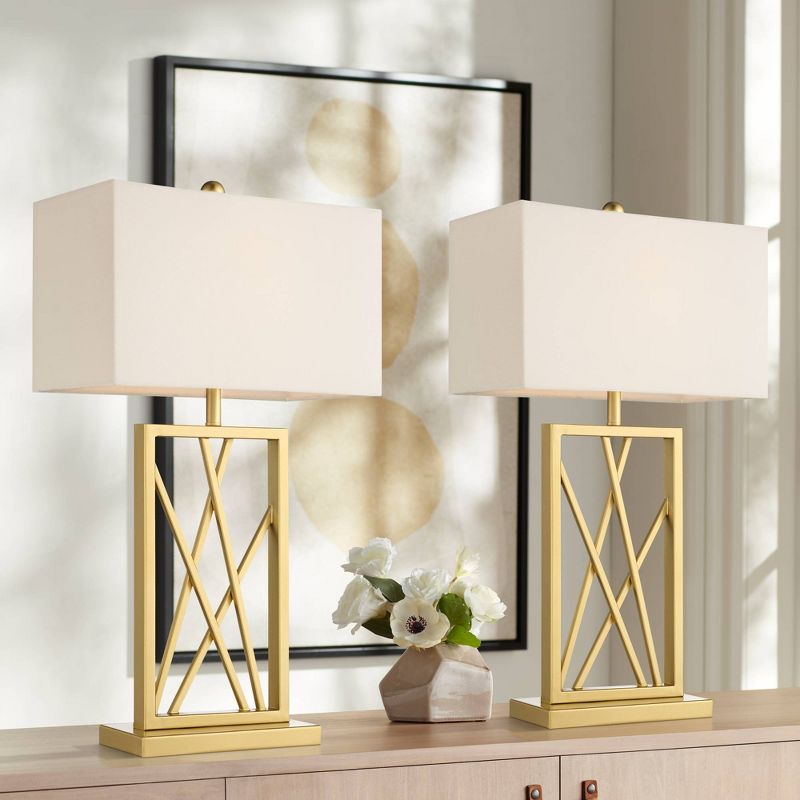 360 Lighting Claudia 26 1/2" Tall Open Metal Base Modern Glam Luxury Table Lamps Set of 2 Gold Finish White Shade Living Room Bedroom Bedside, 2 of 10