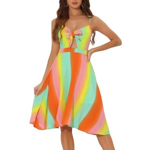 INSPIRE CHIC Women's Stripes Summer V Neck Tie Front Swing Spaghetti Strap Sundresses - 1 of 4
