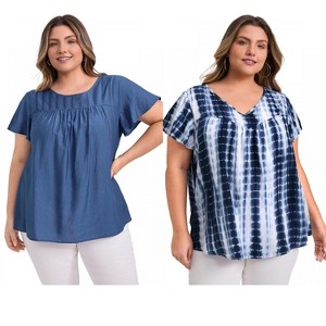 GRACE & GRANDEUR Women's Plus Size 2 Pcs Set Toothpick Pleated Texture Tops and V Neck Ruffle Tie Dye T-shirt - 1 of 4