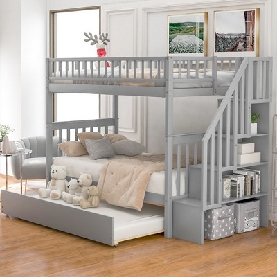 Twin Over Twin Bunk Bed,Solid Wood Bedframe With Trundle And Staircase For Kids/Teens Grown-ups, Multi-bed Design For Small Units With Storage Space