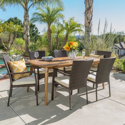 Christopher Knight Home Talbot Outdoor Acacia Wood and Wicker 7 Piece Dining Set with Cushion