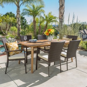 Christopher Knight Home Talbot Outdoor Acacia Wood and Wicker 7 Piece Dining Set with Cushion - 1 of 4